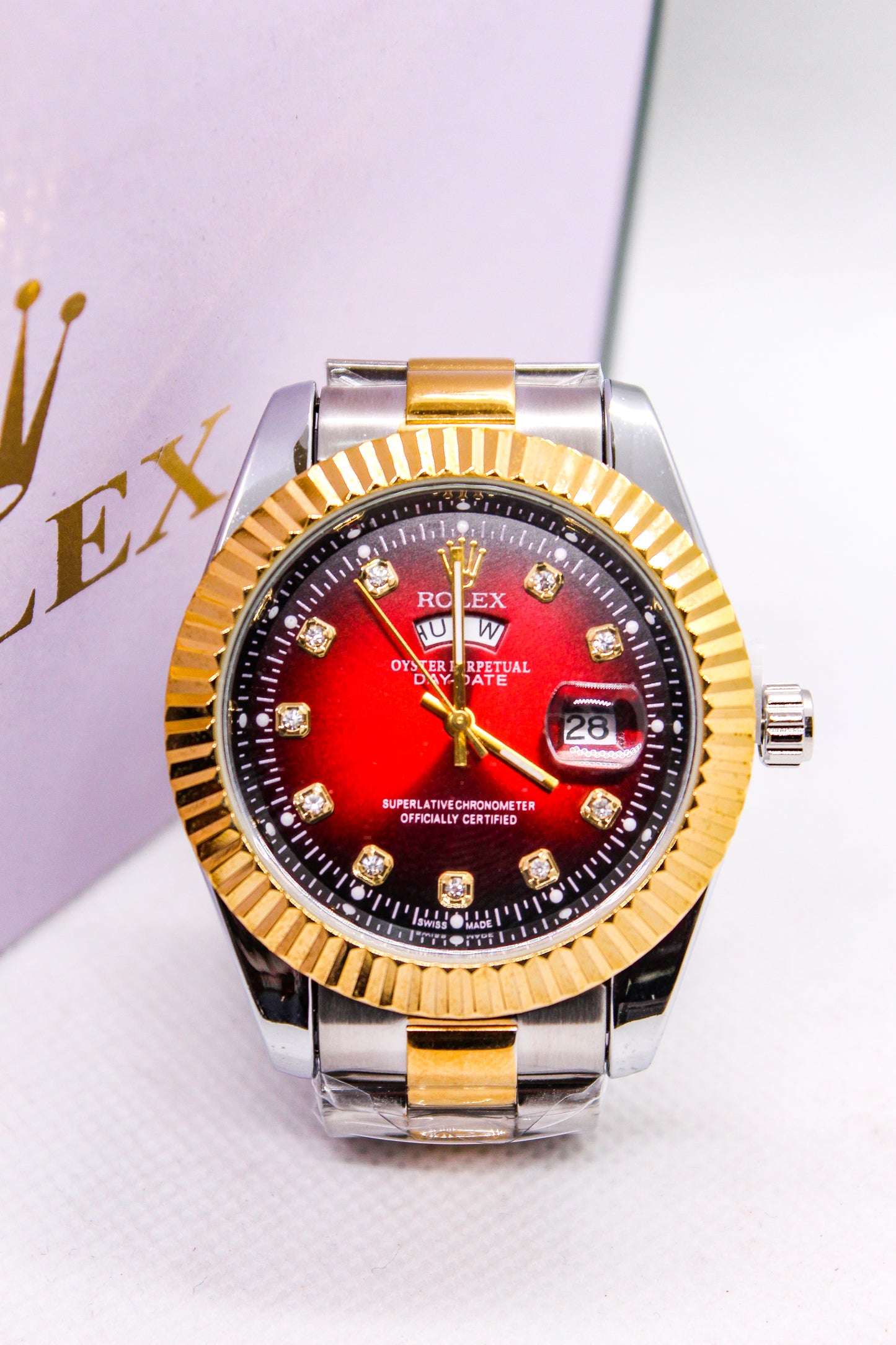 Premium RLX Day-Date Watch (Two-Tone Red)