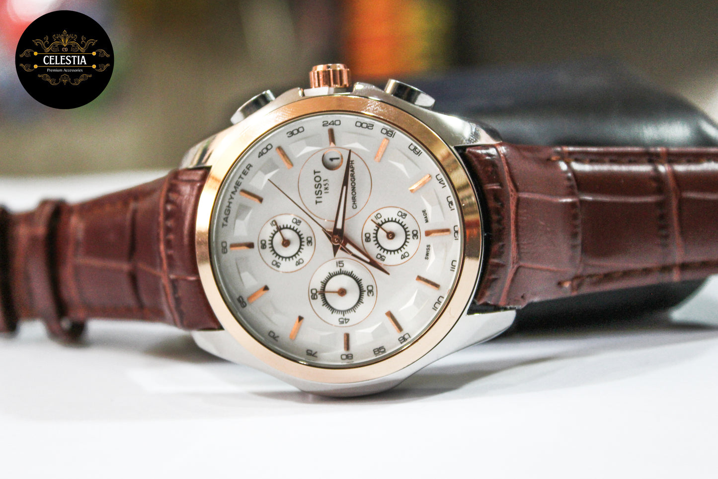 Premium Chronograph Date Watch (White-Brown)