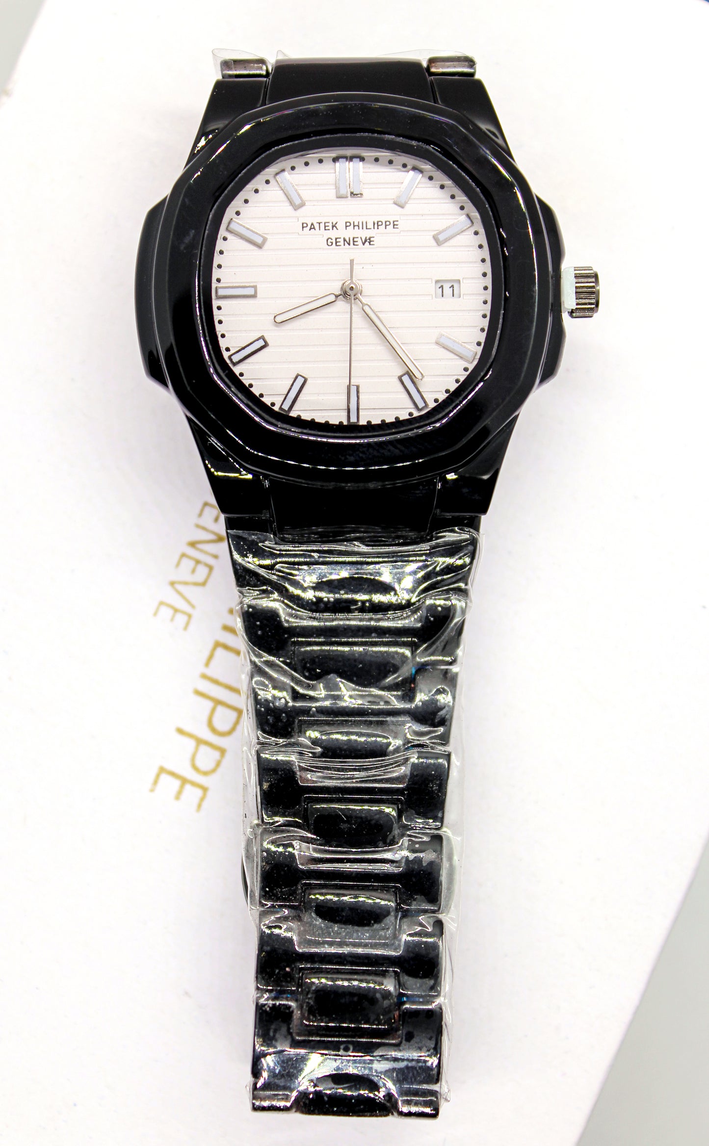 Patek Phillips Nautilus black chain white dial